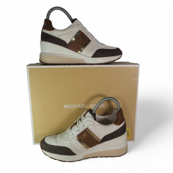 Michael Kors Semi Lux Mabel Hidden Wedge Trainers Brown 43F1MBFSCB Women's 6M - Picture 1 of 11